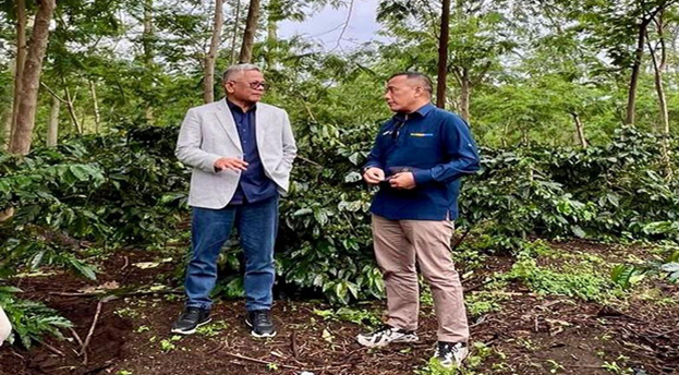 Direktur Utama Holding Perkebunan PTPN III (Persero) Mohammad Abdul Ghani (kiri) bersama Dirut PalmCo Jatmiko Santosa saat di kebun kopi JCE, Bondowoso Jawa Timur. Sampai September tahun ini, JCE telah memproduksi 821 ton kopi arabika dan 32 persennya diserap pasar manca negara mulai dari Amerika hingga Eropa.